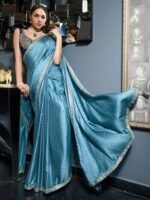 Women's Satin Silk Teal Woven Designer Saree with Unstitched Blouse - Image 2