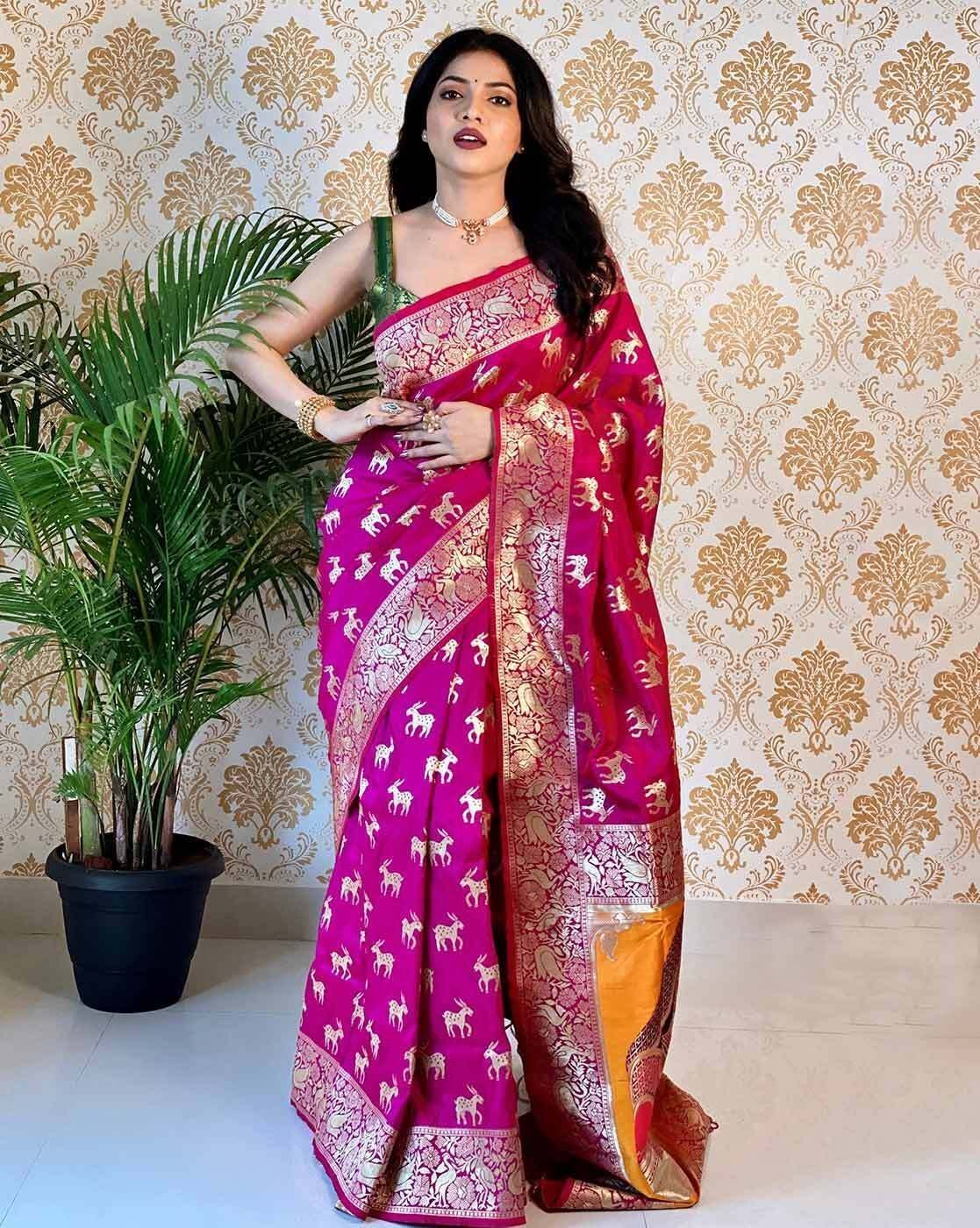 1117Wx1400H-466321331-wine-MODEL.jpg Soft Silk Banarasi Saree with Contrast Border - Image 1