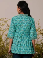 Turquoise Printed Cotton A-Line Kurti - Image 4