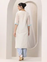 Off white Embroidered Cotton Straight Kurta - Image 3