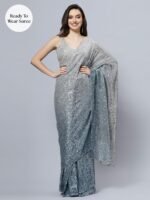 Madelyn Luxe Steel Ombre Sequin Pre Draped Saree with Unstitched Blouse