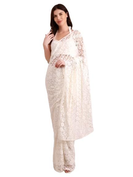 31XQYAs9xiL.jpg Women's Cotton Crochet Off-White Saree Without Blouse – Stunning Net Fix Embellishments, Indian Ethnic Wear for Women, Traditional Saree for Parties, Weddings, and Festivals - Image 1