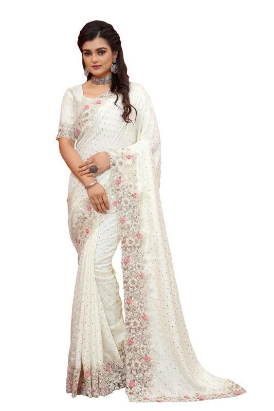 41raySoAaLL.jpg Cream Heavy Sequence Coding Embroidered Border Work Satin Silk Saree Sari For Women and Girls with Attach Blouse Piece - Image 1