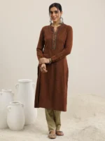 Rust Yoke Design Wool Straight Kurta - Image 3