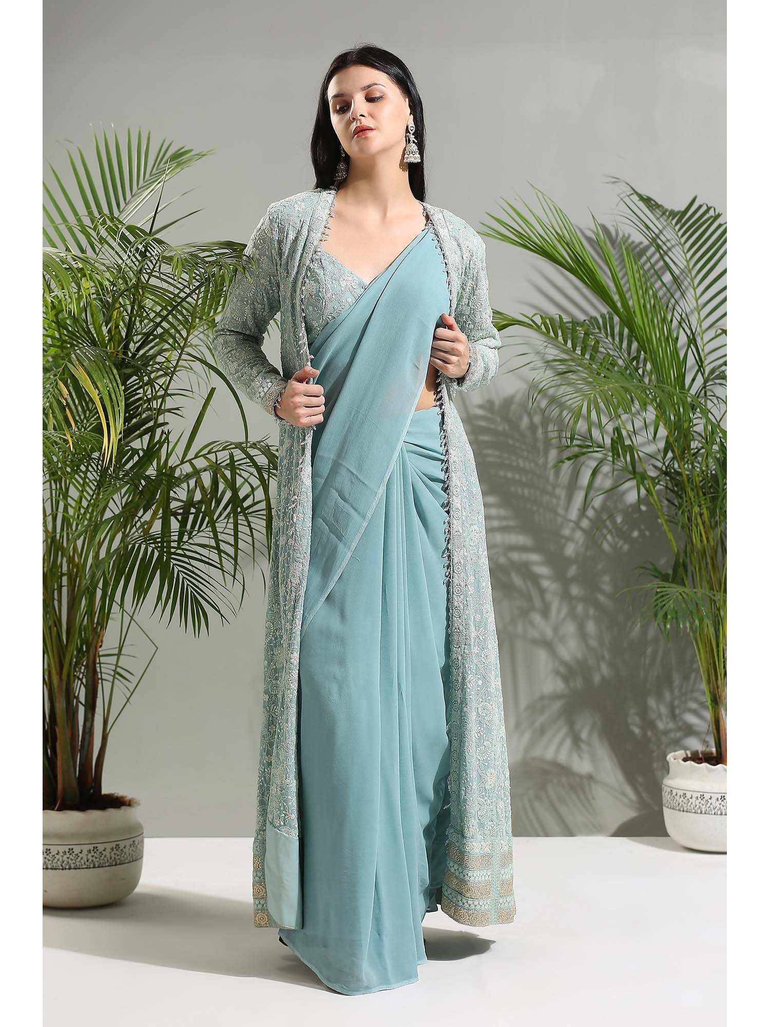 59df236PSS625_1.jpg Dusty Blue Saree with Stitched Blouse and Jacket - Image 1