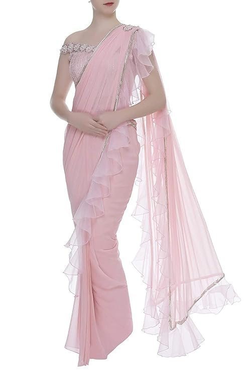 61H-LORpHkL._SY741_.jpg Saree Trends Women's Faux Georgette ready to wear Frill saree with unstitched blouse - Image 1