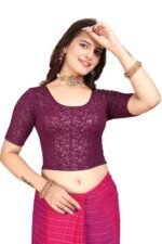 Round Neck Jacquard Elbow Sleeve Readymade Saree Blouse for Women Stylish