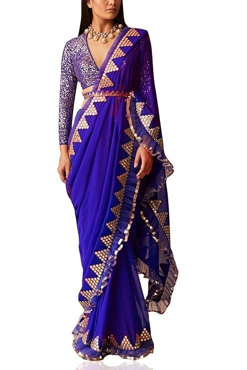 71j0FvIoPKL._SY741_.jpg Saree Trends Women's Faux Georgette ready to wear Frill saree with unstitched blouse - Image 1
