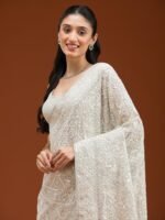 Grey Embroidered Saree with Unstitched Blouse - Image 3