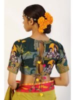 Lime Green Patchwork Saree with Unstitched Blouse - Image 3