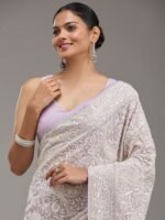 Lavender Thread Work Georgette Saree with Unstitched Blouse - Image 4