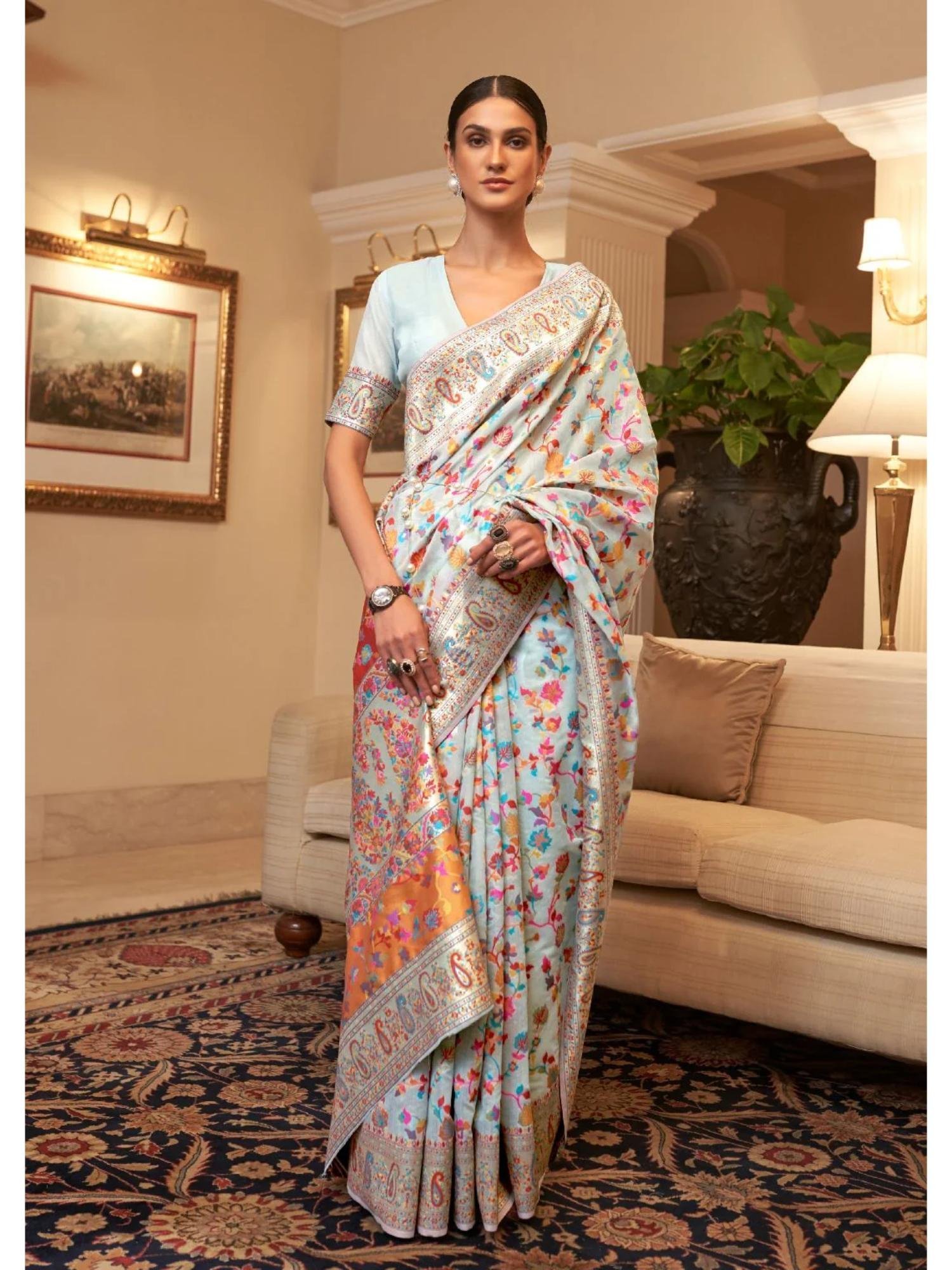 89726a2BINDIYARAMA_1.jpg Blue Kashmiri Saree with Unstitched Blouse - Image 1