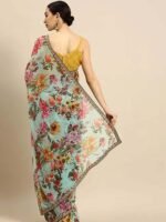 Sea Green Indie Floral Saree with Unstitched Blouse - Image 3
