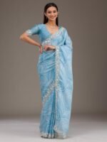 Sky Blue Zari Georgette Saree with Unstitched Blouse - Image 4