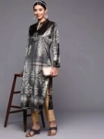 Grey Printed Velvet Straight Kurta - Image 3